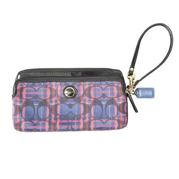 Vintage Coach Signature Poppy Blue Pink Tartan Plaid Logo Wristlet Wallet Y2K - Picture 7 of 10